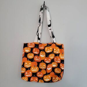 Halloween reversible felt tote pumpkin black cat print glow in the dark spooky h